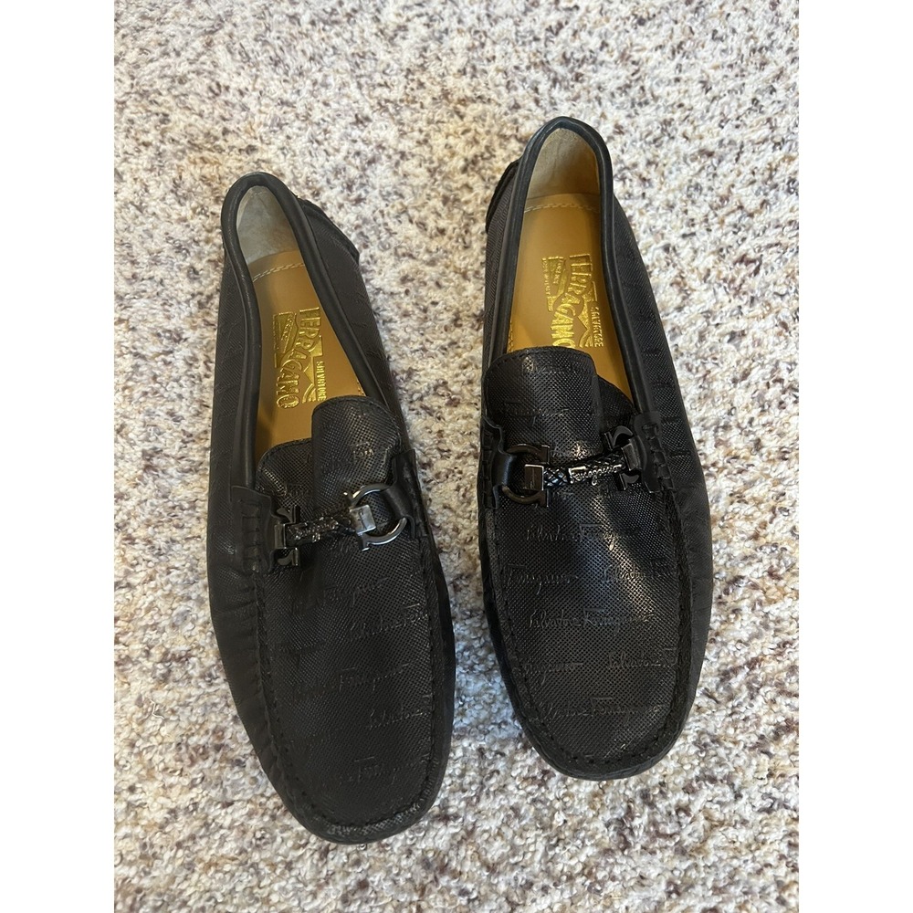 SALVATORE FERRAGAMO New Leather LOAFER BLACK Logo Sz EU‎ 43 Made In Italy